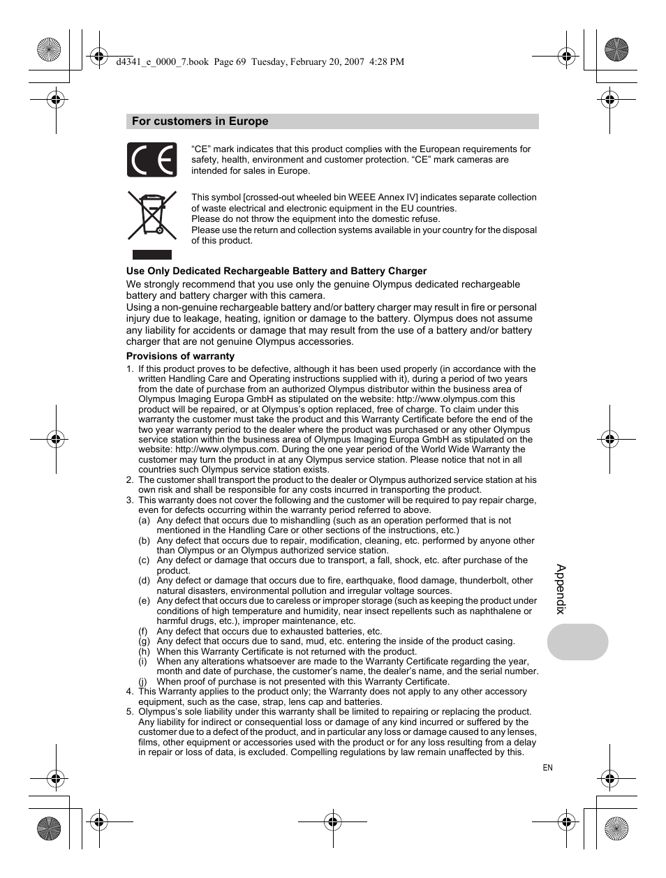 For customers in europe, Appendix | Olympus Stylus 780 User Manual | Page 69 / 84