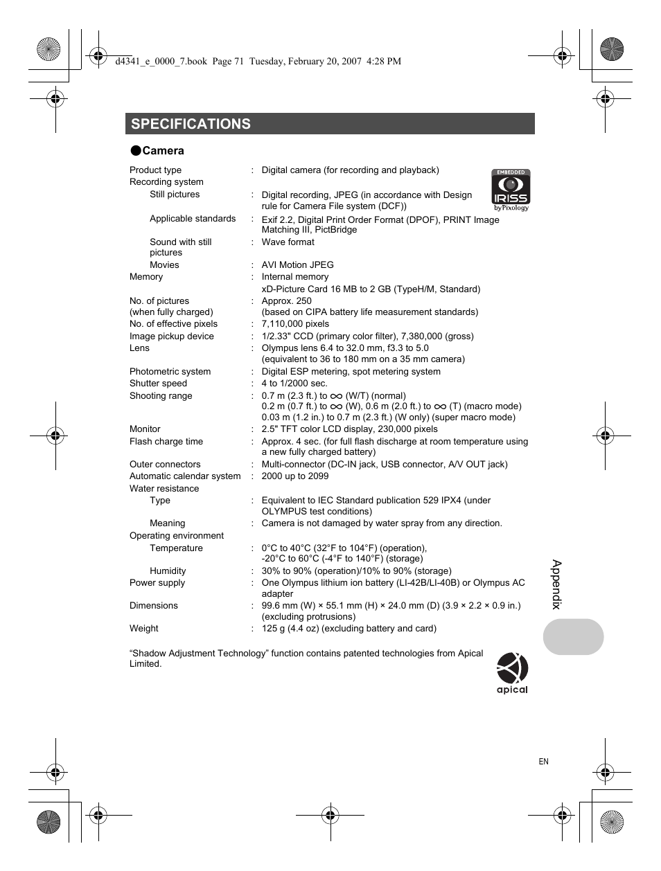 Specifications, Appendix | Olympus Stylus 780 User Manual | Page 71 / 84