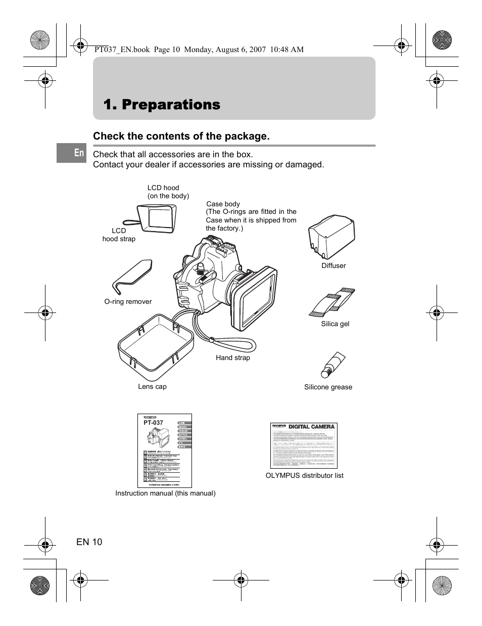 Preparations, Check the contents of the package, En 10 | Olympus PT-037 User Manual | Page 10 / 43