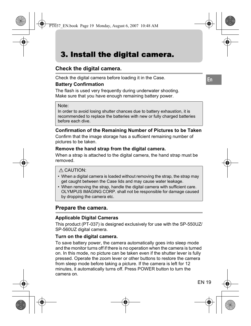 Install the digital camera | Olympus PT-037 User Manual | Page 19 / 43