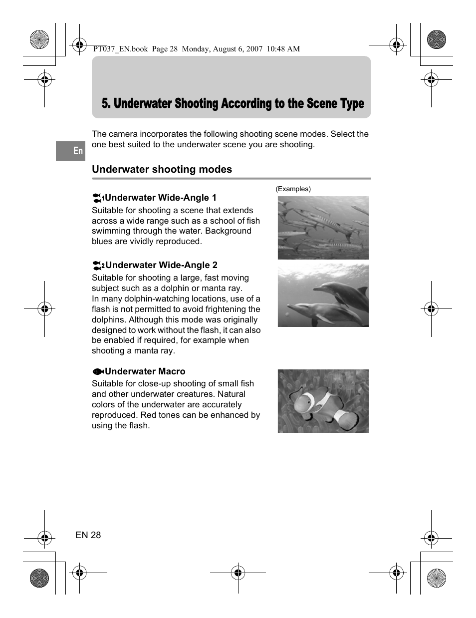 Underwater shooting according to the scene type | Olympus PT-037 User Manual | Page 28 / 43