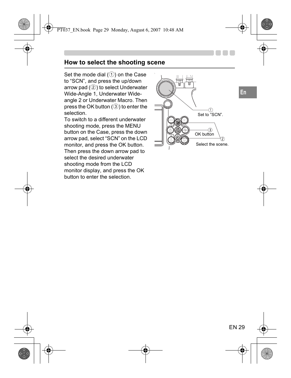 How to select the shooting scene | Olympus PT-037 User Manual | Page 29 / 43