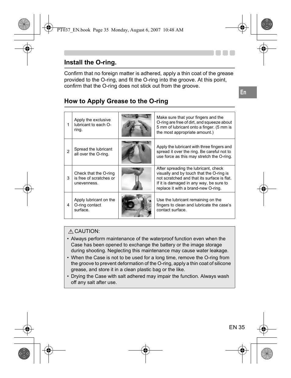 Install the o-ring, How to apply grease to the o-ring | Olympus PT-037 User Manual | Page 35 / 43