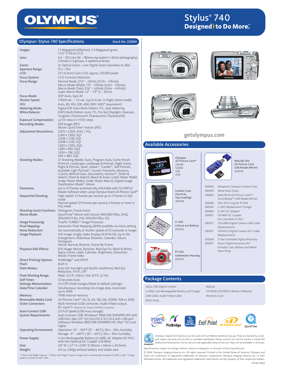 Stylus, Available accessories package contents, Available accessories | Olympus, Stylus 740 specifications | Olympus Stylus 740 User Manual | Page 2 / 2