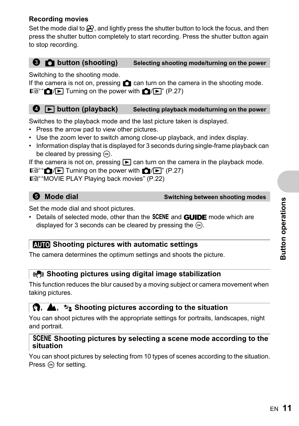 Selecting shooting mode/turning on the power, Selecting playback mode/turning on the power, Switching between shooting modes | Shooting pictures with automatic settings, Shooting pictures according to the situation | Olympus FE-220 User Manual | Page 11 / 76
