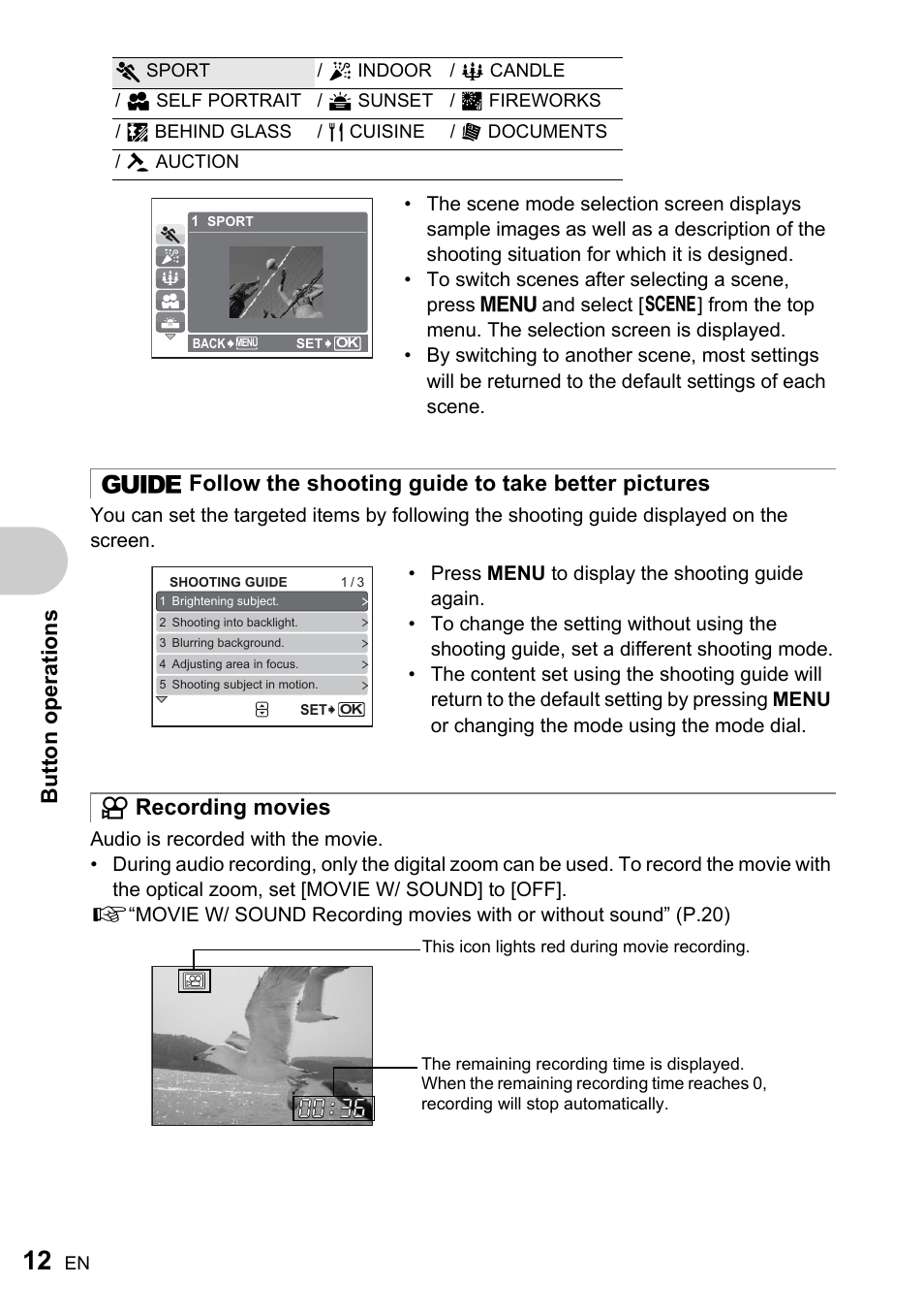 Follow the shooting guide to take better pictures, Recording movies, Bu tto n op eratio ns | Olympus FE-220 User Manual | Page 12 / 76