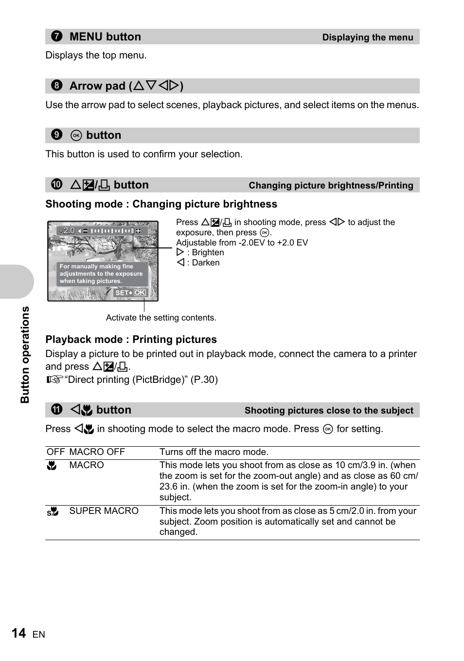 Displaying the menu, Arrow pad, Ok button | Changing picture brightness/printing, Shooting pictures close to the subject, Bu tto n op eratio ns, 7menu button, 8arrow pad ( onxy ) 9 i button 0 of / < button, A x & button | Olympus FE-220 User Manual | Page 14 / 76