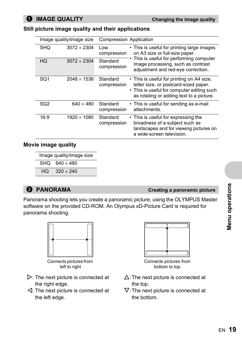 Changing the image quality, Creating a panoramic picture | Olympus FE-220 User Manual | Page 19 / 76