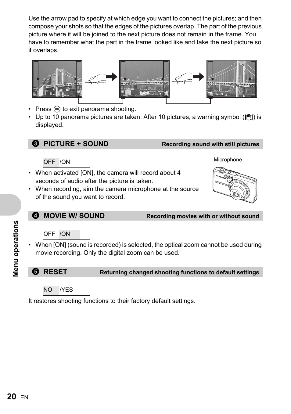 Recording sound with still pictures, Recording movies with or without sound | Olympus FE-220 User Manual | Page 20 / 76