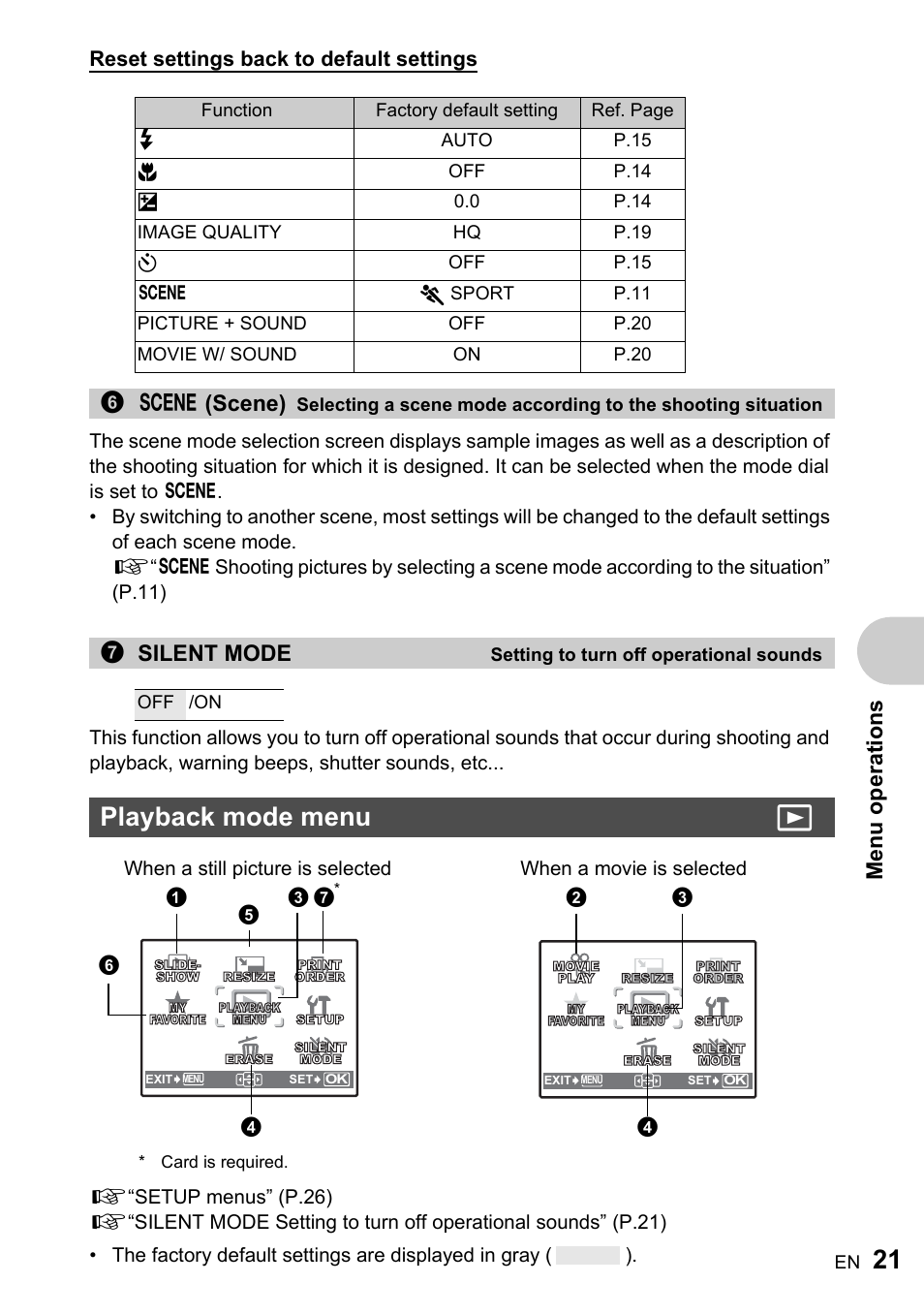 Setting to turn off operational sounds, Playback mode menu, Playback mode menu q | Me nu operati o ns, 6f (scene), 7silent mode, Reset settings back to default settings | Olympus FE-220 User Manual | Page 21 / 76