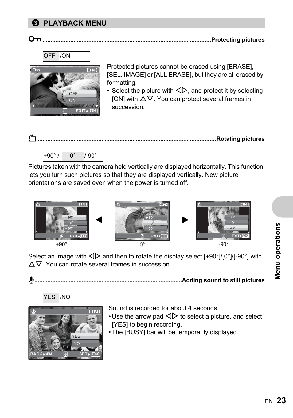 Playback menu, Protecting pictures, Rotating pictures | Adding sound to still pictures, Me nu operati o ns, 3playback menu 0 | Olympus FE-220 User Manual | Page 23 / 76