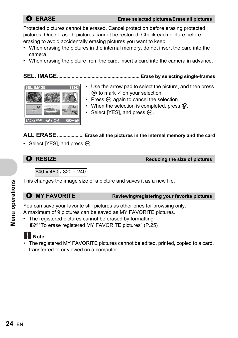 Erase selected pictures/erase all pictures, Erase by selecting single-frames, Reducing the size of pictures | Reviewing/registering your favorite pictures | Olympus FE-220 User Manual | Page 24 / 76