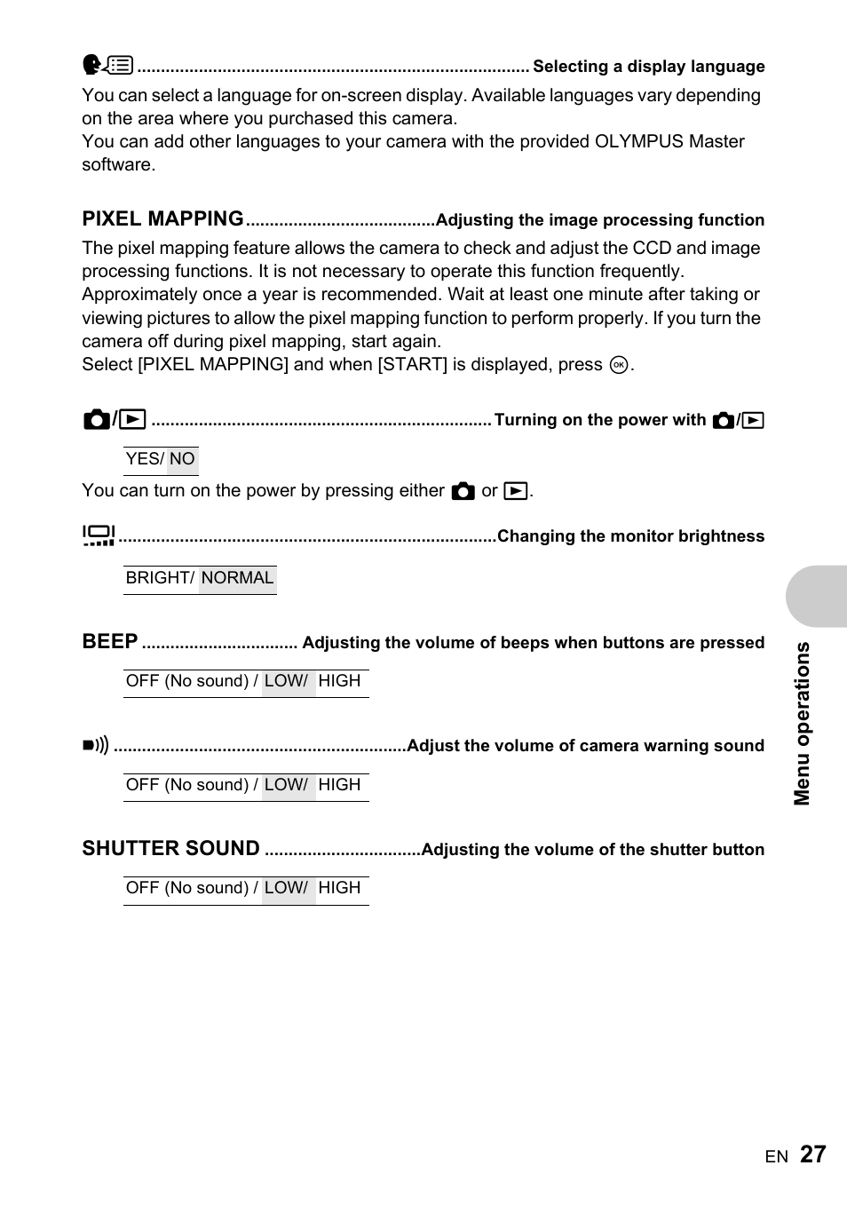 Selecting a display language, Adjusting the image processing function, Changing the monitor brightness | Adjust the volume of camera warning sound, Adjusting the volume of the shutter button | Olympus FE-220 User Manual | Page 27 / 76