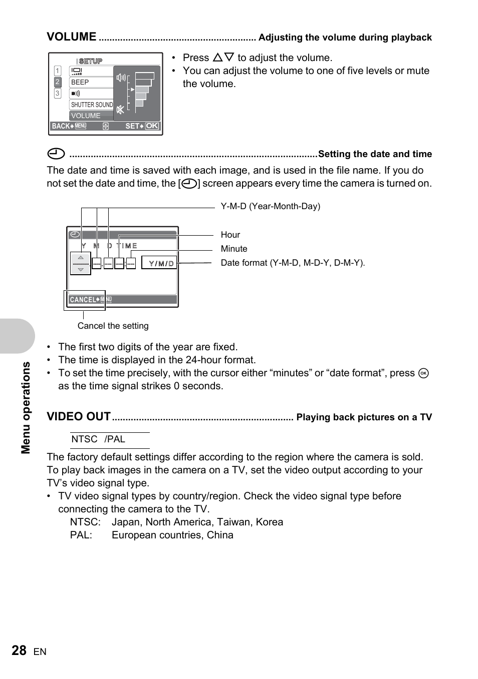 Adjusting the volume during playback, Setting the date and time, Playing back pictures on a tv | Me nu operati o ns, Volume, Video out | Olympus FE-220 User Manual | Page 28 / 76