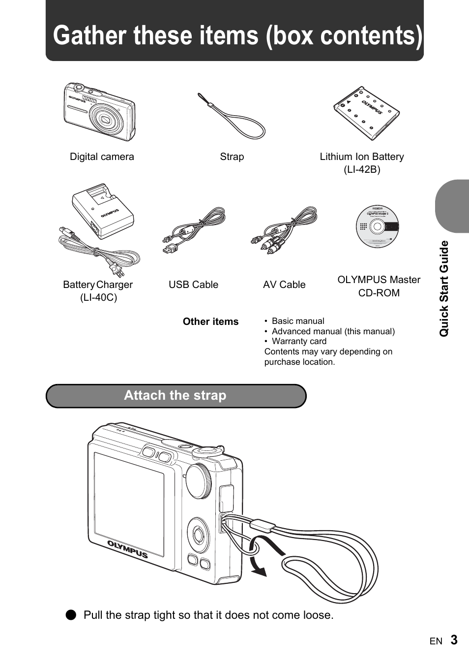 Gather these items (box contents), Attach the strap | Olympus FE-220 User Manual | Page 3 / 76