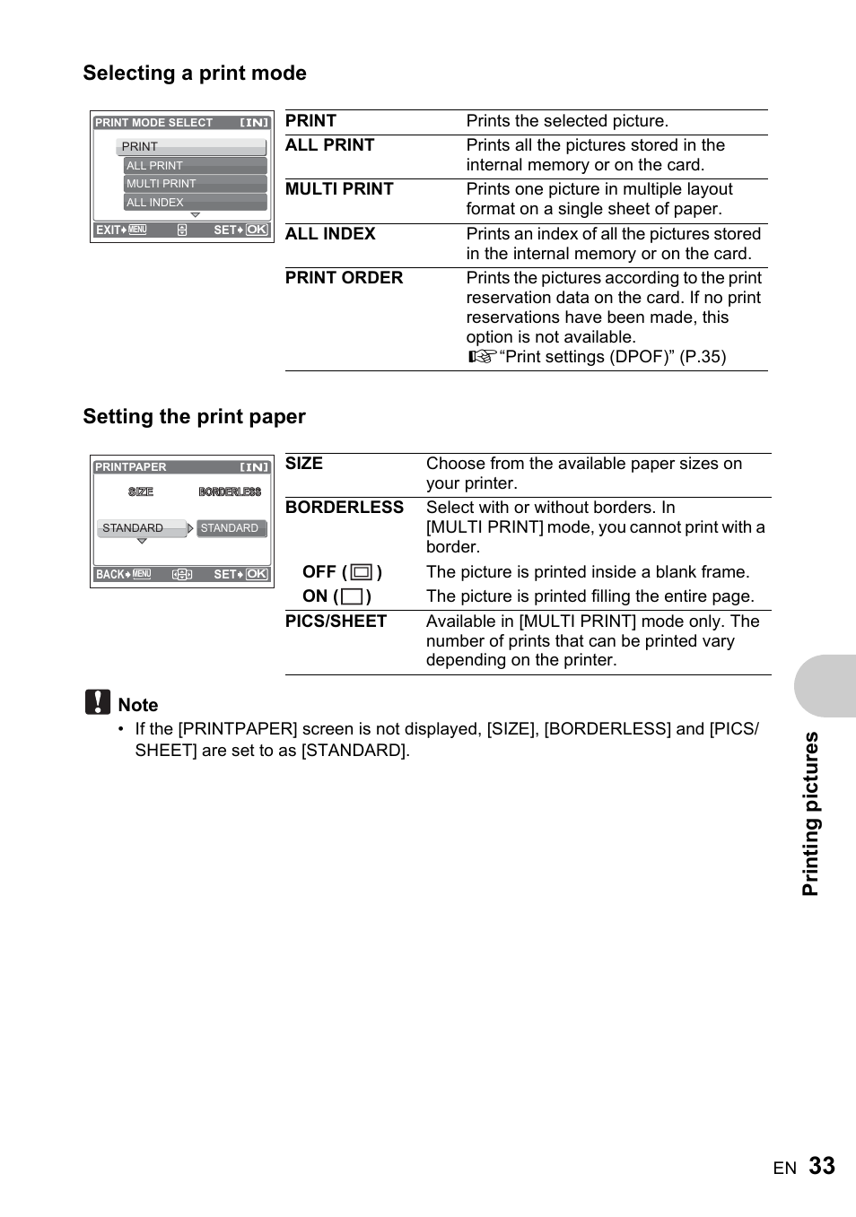 Prin ti ng p ictur es, Selecting a print mode setting the print paper | Olympus FE-220 User Manual | Page 33 / 76