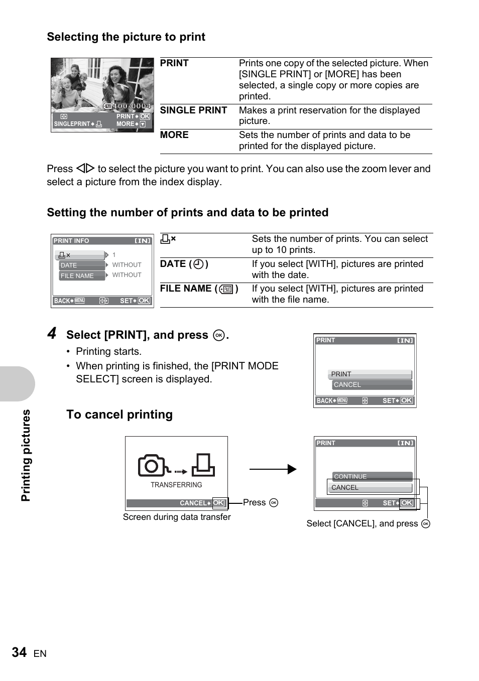 Prin ti ng p ictur es, Select [print], and press i | Olympus FE-220 User Manual | Page 34 / 76
