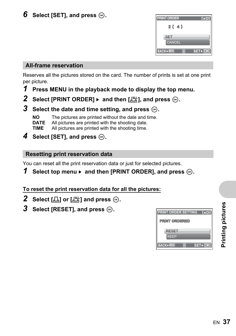 All-frame reservation, Resetting print reservation data | Olympus FE-220 User Manual | Page 37 / 76