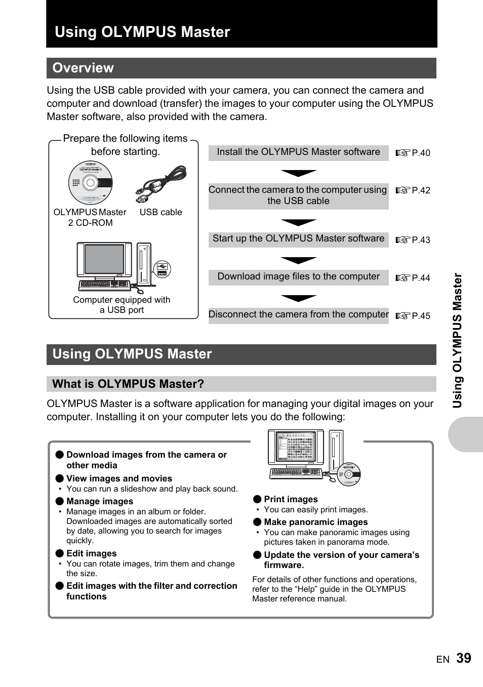 Using olympus master, Overview, What is olympus master | P.39, Us ing olympus master | Olympus FE-220 User Manual | Page 39 / 76