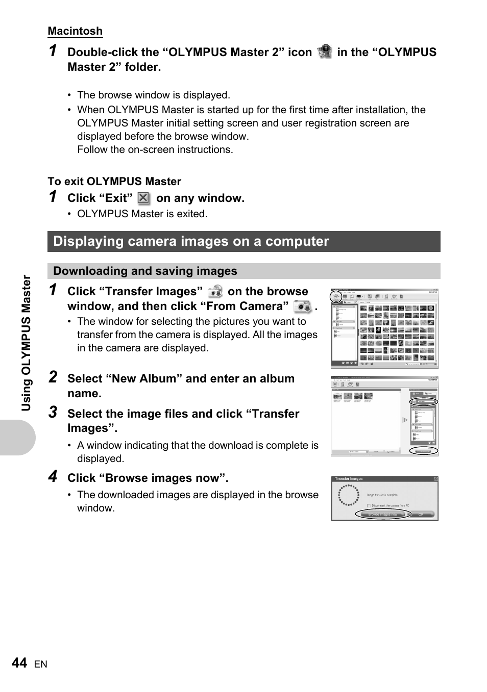 Displaying camera images on a computer, Downloading and saving images, P.44 | Olympus FE-220 User Manual | Page 44 / 76