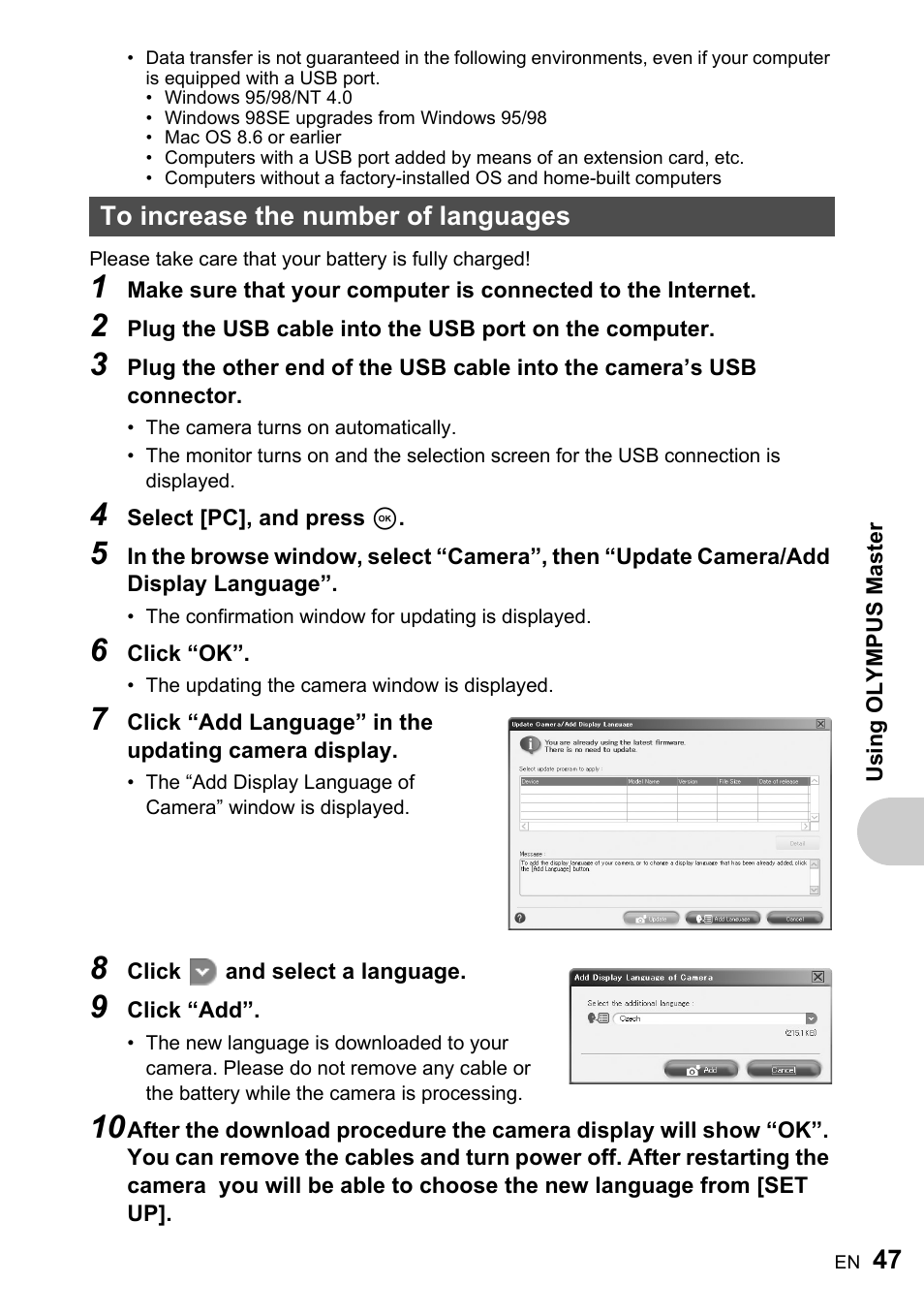 To increase the number of languages | Olympus FE-220 User Manual | Page 47 / 76