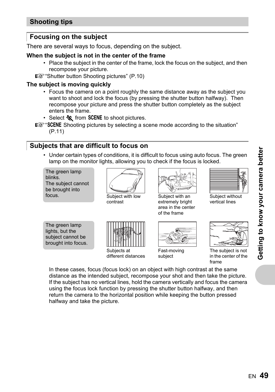 Shooting tips, Focusing on the subject, Subjects that are difficult to focus on | Olympus FE-220 User Manual | Page 49 / 76