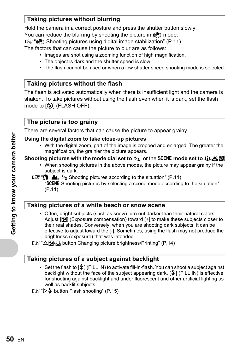 Taking pictures without blurring, Taking pictures without the flash, The picture is too grainy | Taking pictures of a white beach or snow scene, Taking pictures of a subject against backlight | Olympus FE-220 User Manual | Page 50 / 76