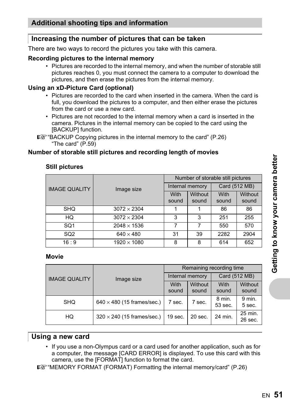 Additional shooting tips and information, Using a new card | Olympus FE-220 User Manual | Page 51 / 76