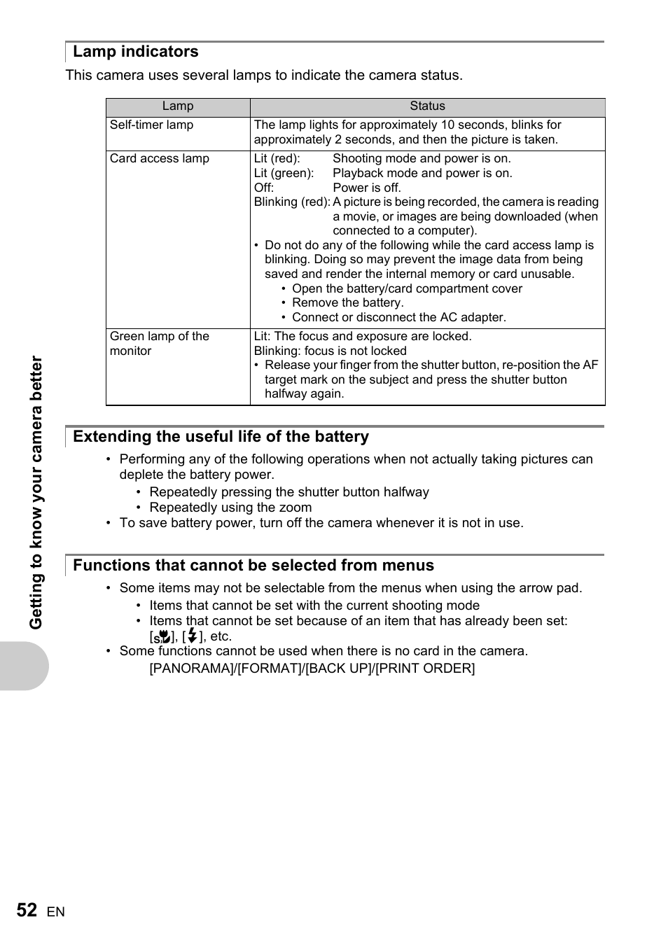 Lamp indicators, Extending the useful life of the battery, Functions that cannot be selected from menus | Olympus FE-220 User Manual | Page 52 / 76