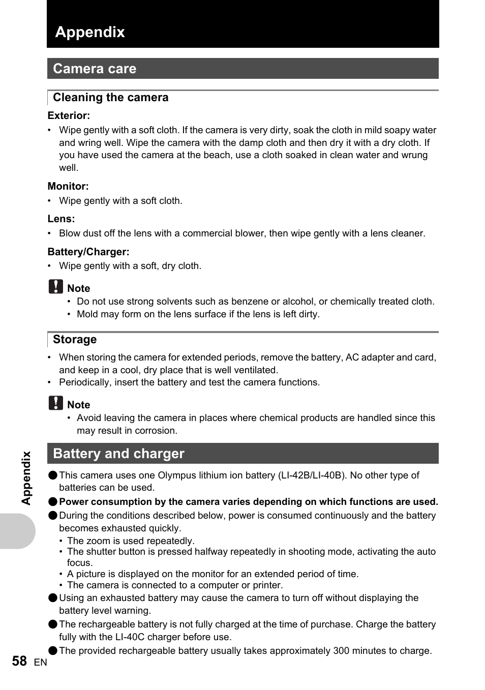 Appendix, Camera care, Battery and charger | P.58 | Olympus FE-220 User Manual | Page 58 / 76