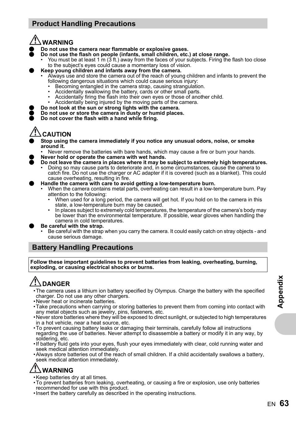 Product handling precautions, Battery handling precautions, Ap pen d ix | Olympus FE-220 User Manual | Page 63 / 76