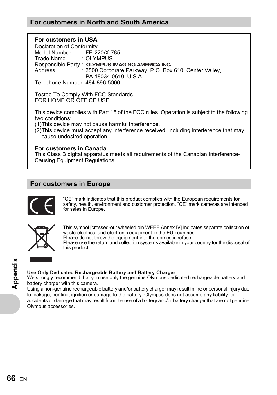 For customers in north and south america, For customers in europe, Ap pen d ix | Olympus FE-220 User Manual | Page 66 / 76