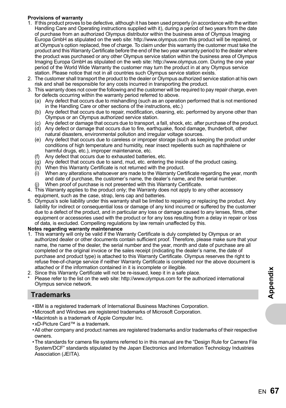 Trademarks, Ap pen d ix | Olympus FE-220 User Manual | Page 67 / 76