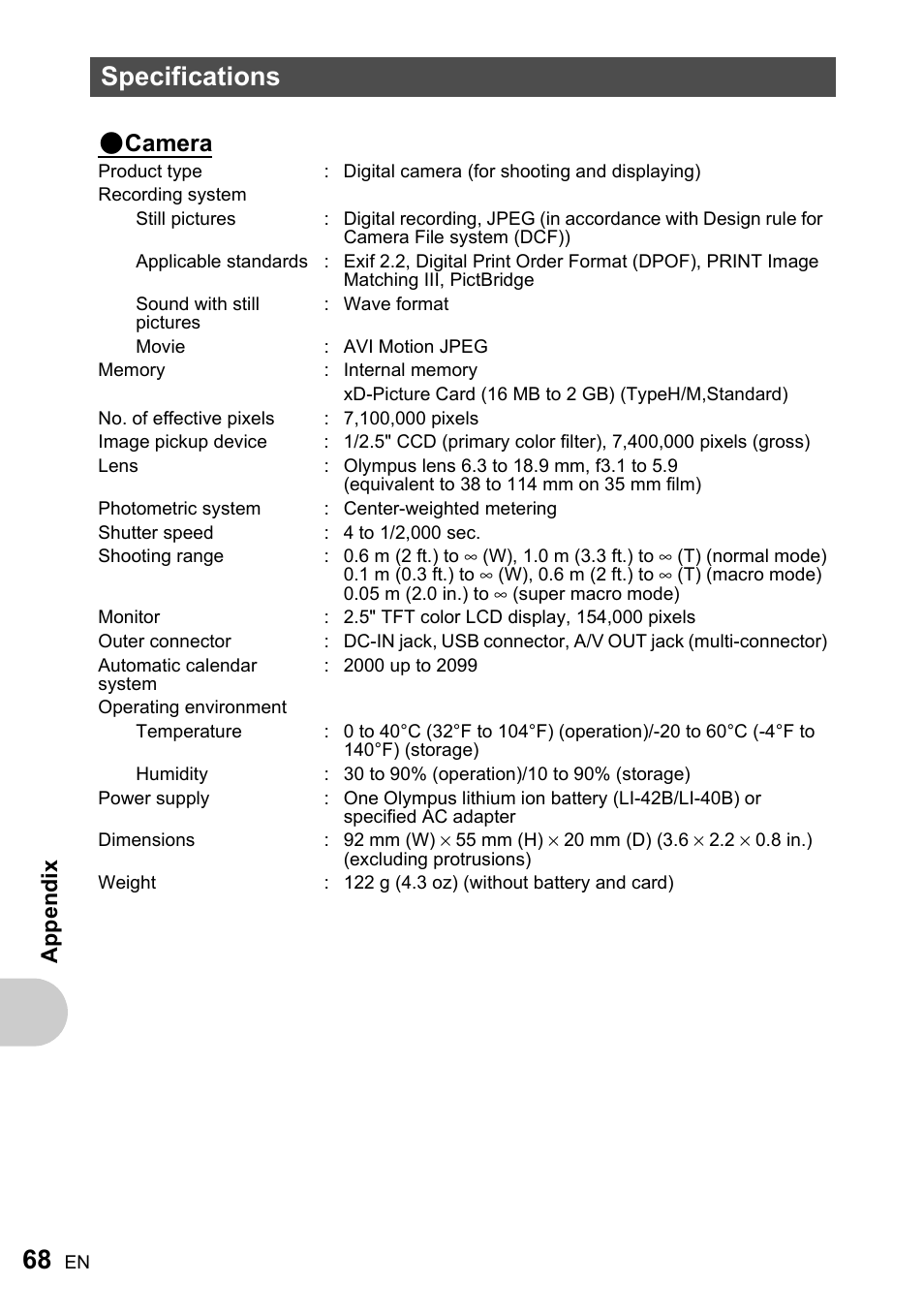 Specifications, Camera | Olympus FE-220 User Manual | Page 68 / 76