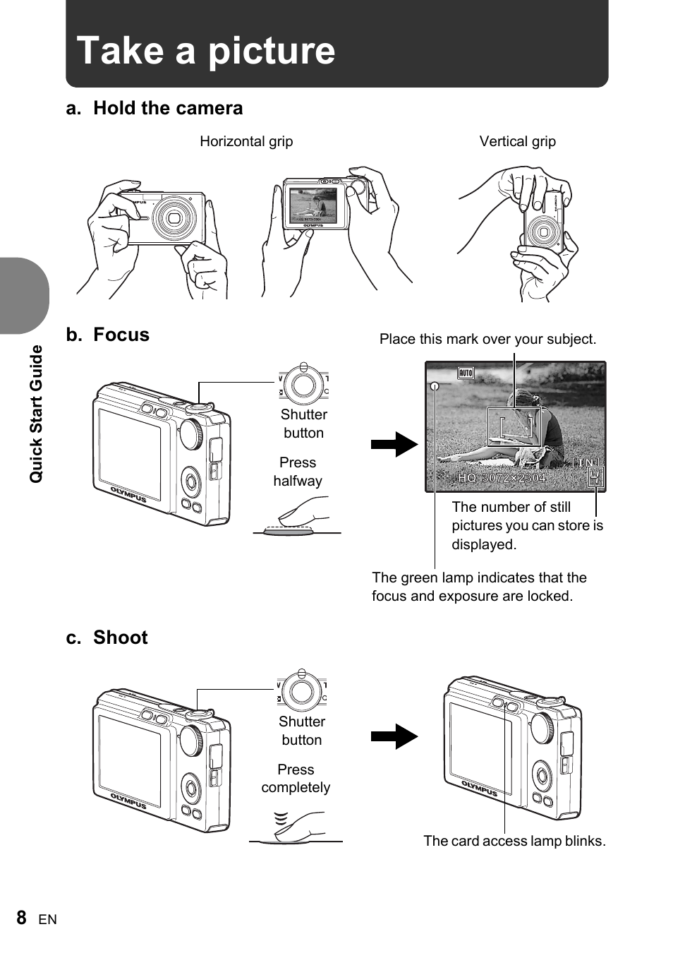 Take a picture, A. hold the camera c. shoot, B. focus | Quick st ar t guide | Olympus FE-220 User Manual | Page 8 / 76