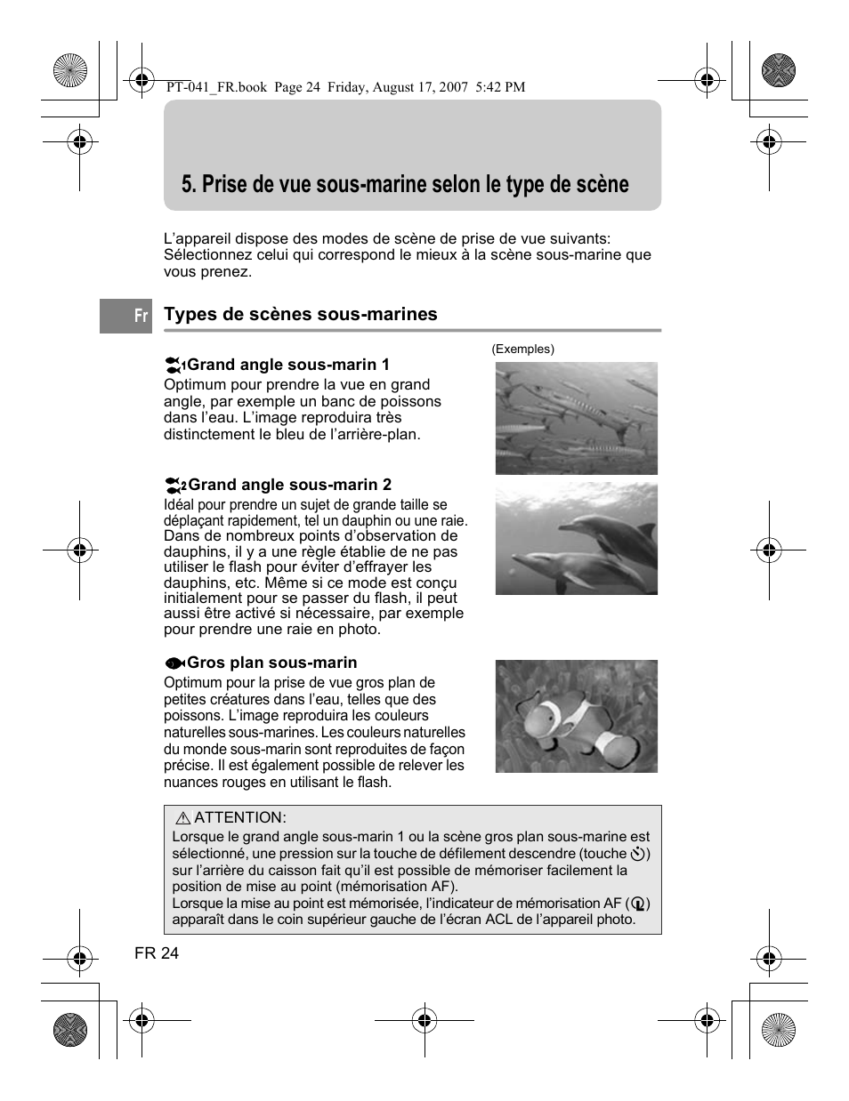 Prise de vue sous-marine selon le type de scène | Olympus PT-041 User Manual | Page 100 / 268