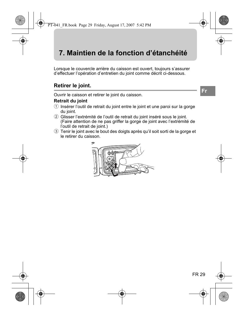Maintien de la fonction d’étanchéité | Olympus PT-041 User Manual | Page 105 / 268