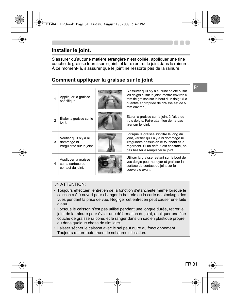 Installer le joint, Comment appliquer la graisse sur le joint | Olympus PT-041 User Manual | Page 107 / 268