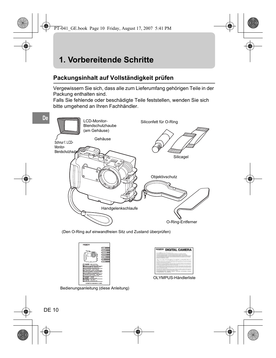Vorbereitende schritte, Packungsinhalt auf vollständigkeit prüfen | Olympus PT-041 User Manual | Page 124 / 268
