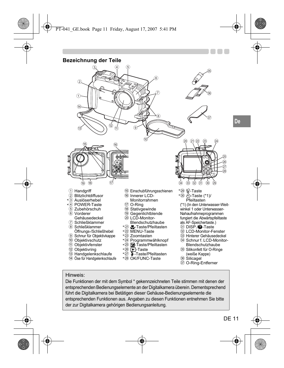 De 11, Bezeichnung der teile, Hinweis | Olympus PT-041 User Manual | Page 125 / 268