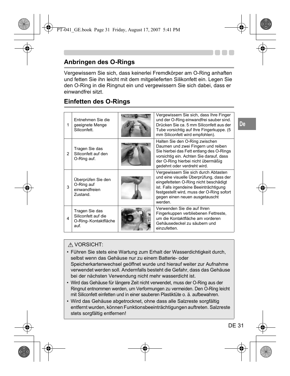 Anbringen des o-rings, Einfetten des o-rings | Olympus PT-041 User Manual | Page 145 / 268