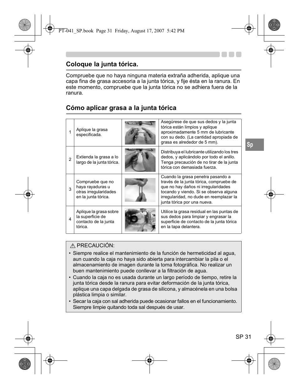 Coloque la junta tórica, Cómo aplicar grasa a la junta tórica | Olympus PT-041 User Manual | Page 183 / 268