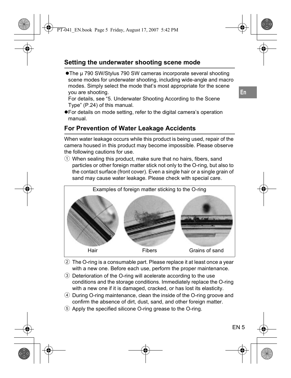 Setting the underwater shooting scene mode, For prevention of water leakage accidents | Olympus PT-041 User Manual | Page 43 / 268