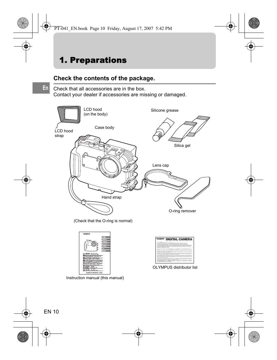 Preparations, Check the contents of the package | Olympus PT-041 User Manual | Page 48 / 268