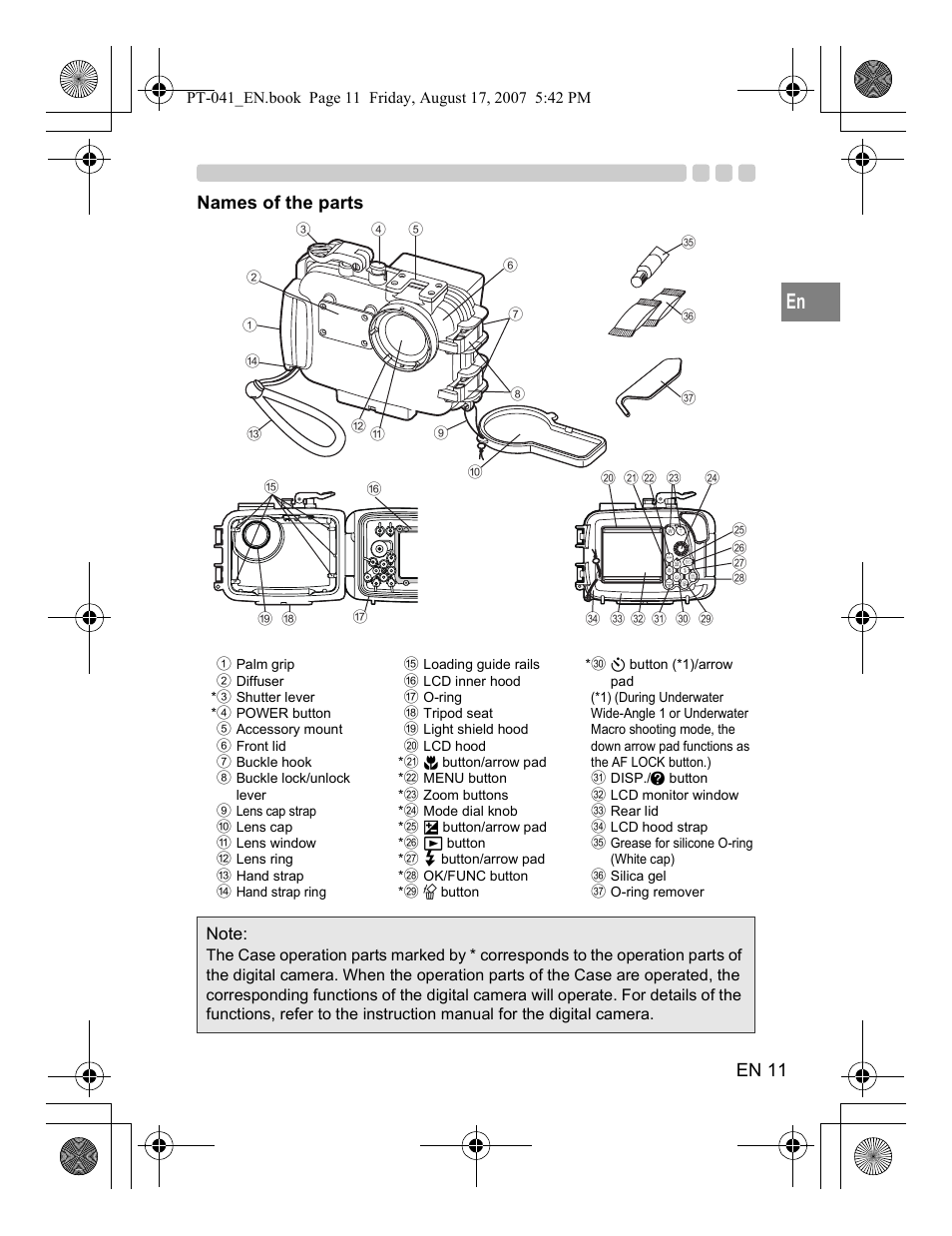 En 11, Names of the parts | Olympus PT-041 User Manual | Page 49 / 268