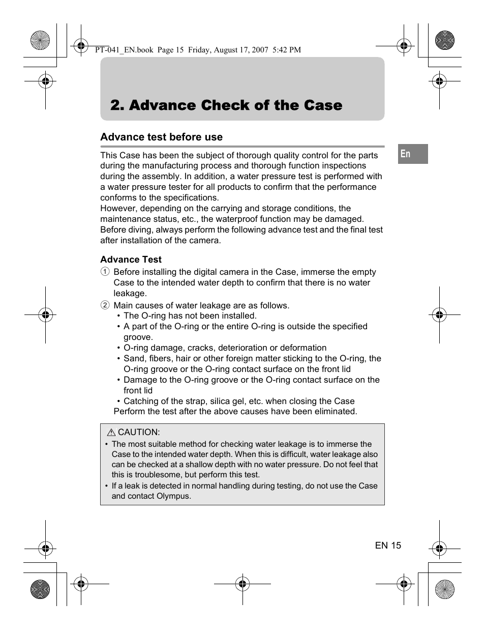Advance check of the case, Advance test before use | Olympus PT-041 User Manual | Page 53 / 268