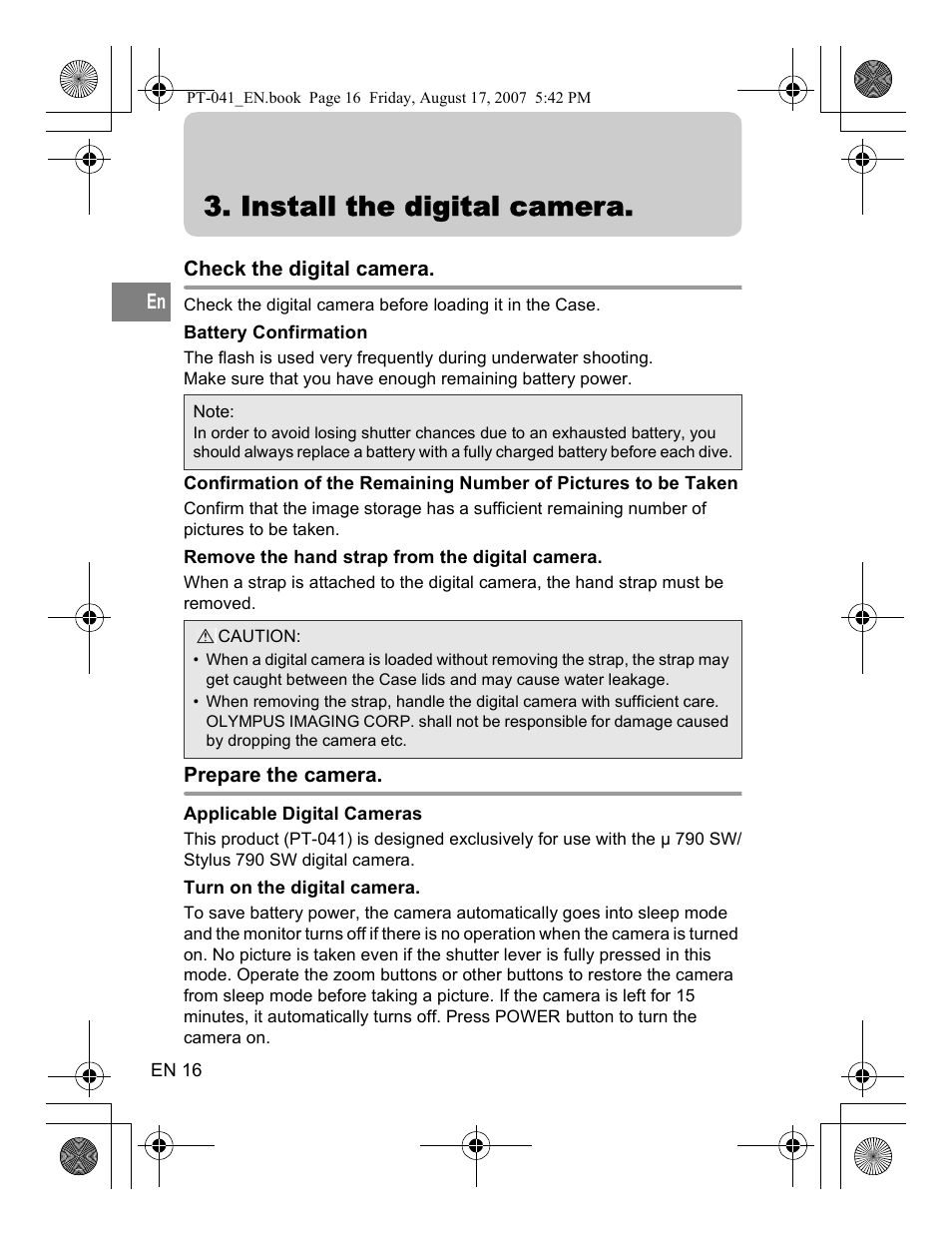 Install the digital camera, Check the digital camera, Prepare the camera | Olympus PT-041 User Manual | Page 54 / 268