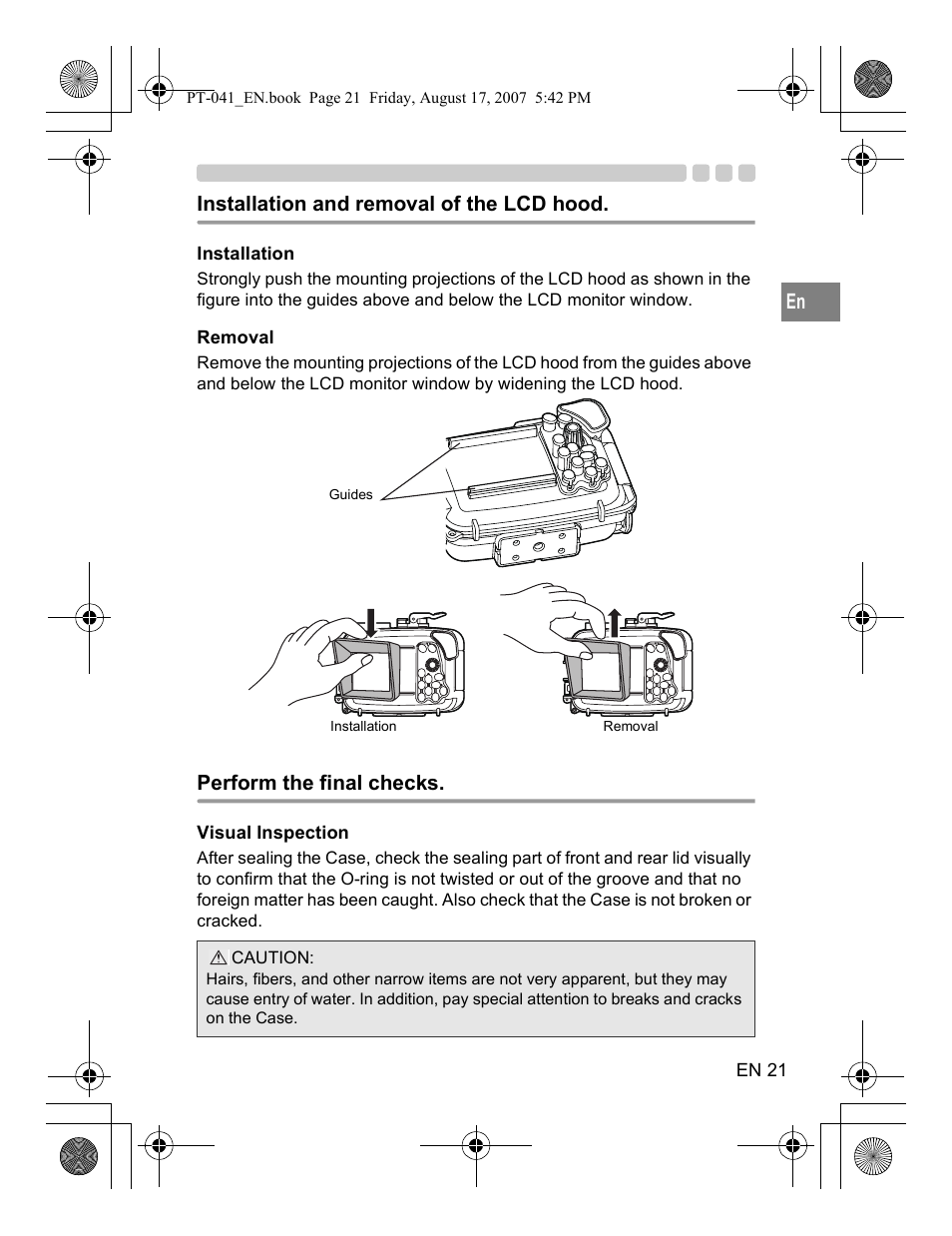 Installation and removal of the lcd hood, Perform the final checks | Olympus PT-041 User Manual | Page 59 / 268