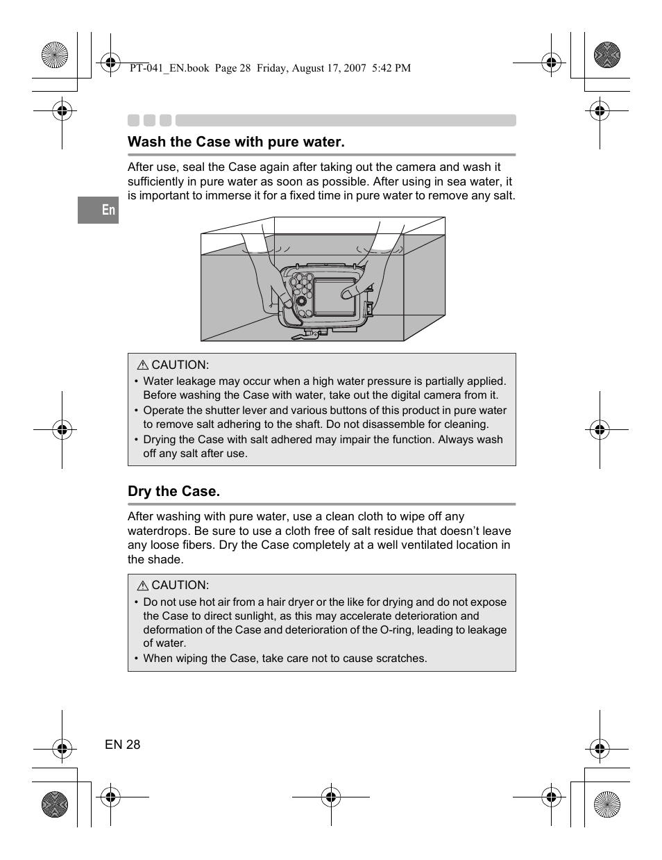 Wash the case with pure water, Dry the case | Olympus PT-041 User Manual | Page 66 / 268