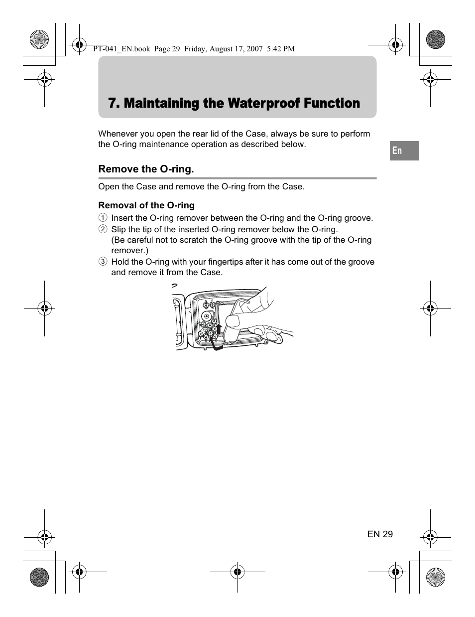 Maintaining the waterproof function, Remove the o-ring | Olympus PT-041 User Manual | Page 67 / 268